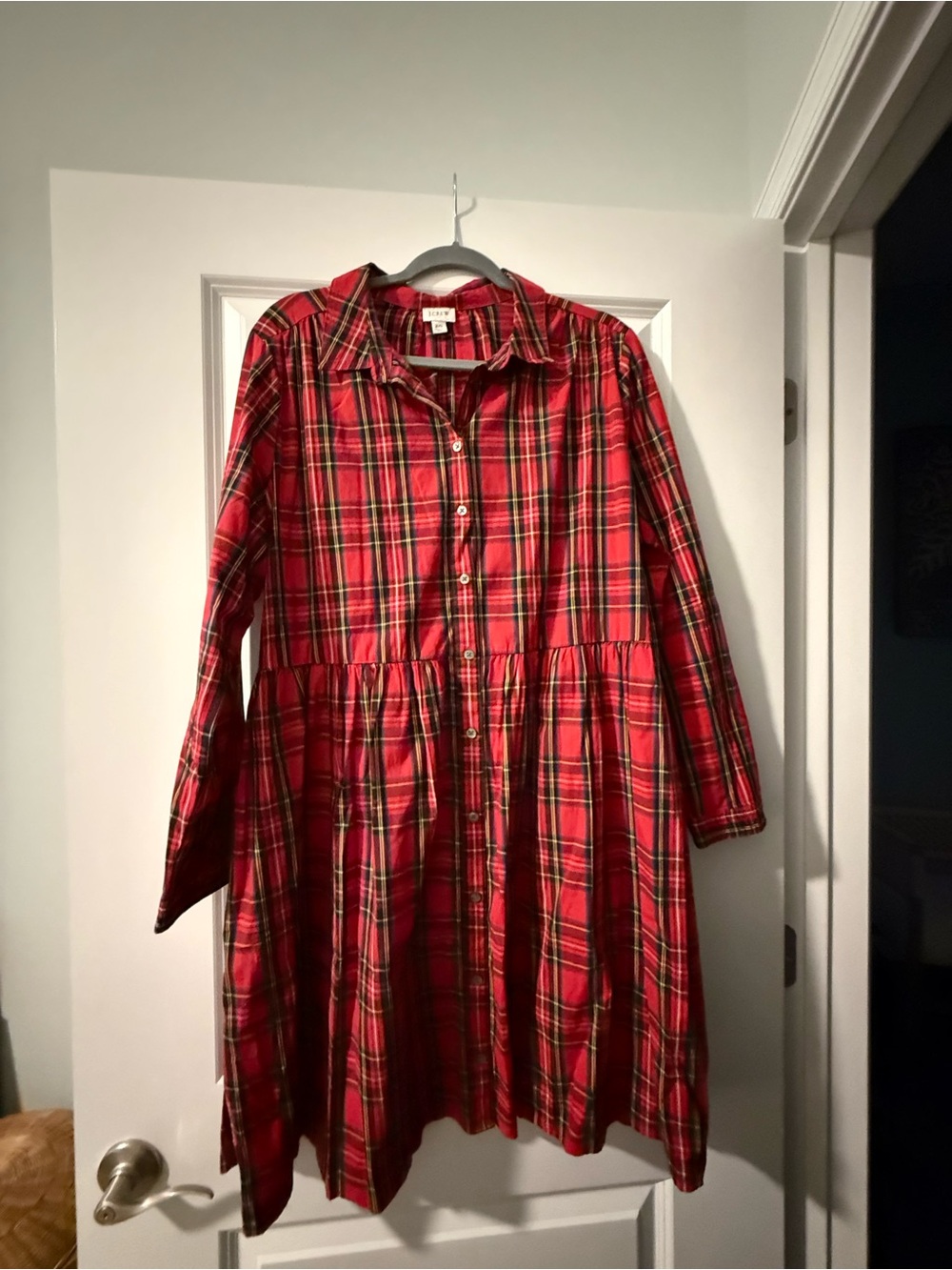 J. Crew Red Plaid Long-Sleeve Shirt Dress